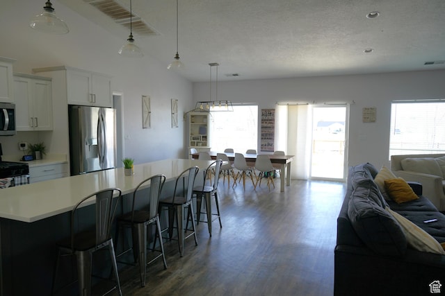 160 S 550 E Unit 18, Enterprise, UT 84725 - kitchen with light countertops, a breakfast bar area, appliances with stainless steel finishes, open floor plan, and dark wood-style flooring