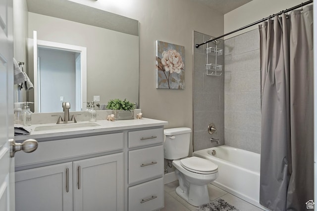 full bathroom featuring shower / bath combination with curtain, tile patterned flooring, vanity, and toilet