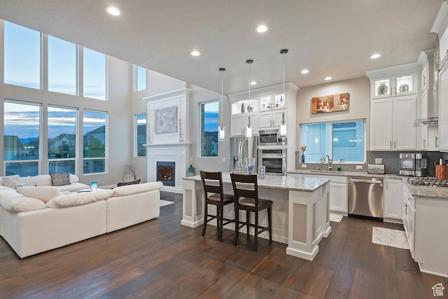 kitchen with a sink, a glass covered fireplace, open floor plan, stainless steel appliances, and dark wood-style flooring