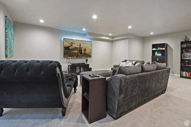 living area with light colored carpet, baseboards, and recessed lighting
