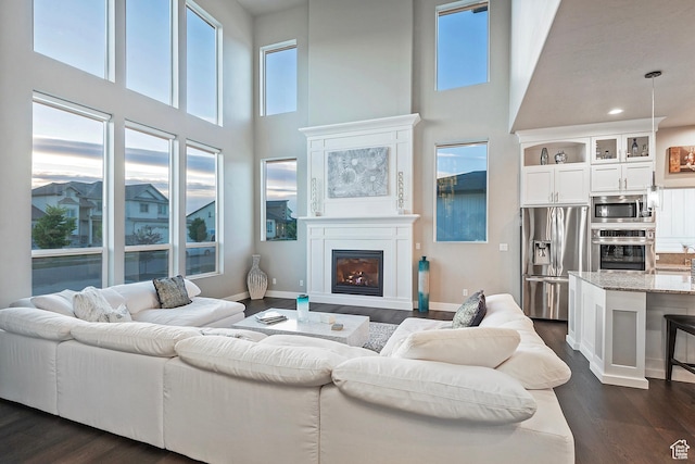 living area with a glass covered fireplace, baseboards, and dark wood finished floors