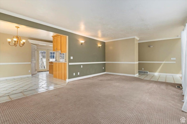 7342 S Promenade Cir E, Cottonwood Heights, UT 84121 - unfurnished living room featuring ornamental molding, a chandelier, light tile patterned floors, and light carpet