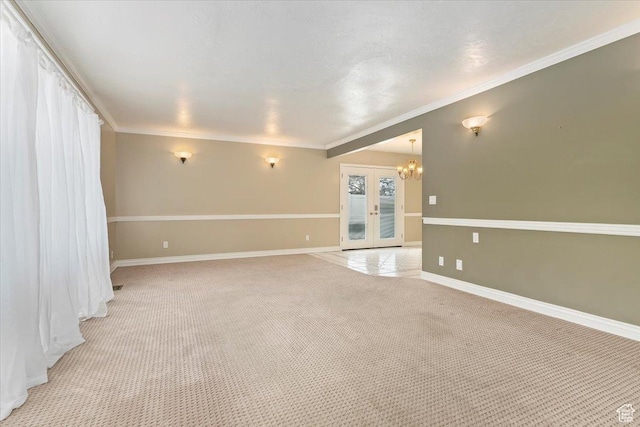 7342 S Promenade Cir E, Cottonwood Heights, UT 84121 - unfurnished room featuring a chandelier, crown molding, baseboards, french doors, and light colored carpet