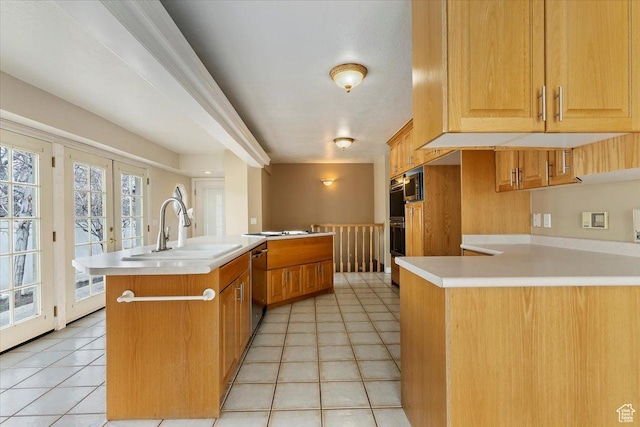 7342 S Promenade Cir E, Cottonwood Heights, UT 84121 - kitchen with light tile patterned floors, stainless steel dishwasher, a center island with sink, a sink, and a peninsula
