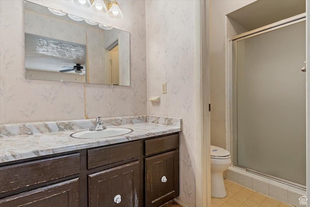 7342 S Promenade Cir E, Cottonwood Heights, UT 84121 - bathroom featuring a shower stall, wallpapered walls, toilet, and vanity