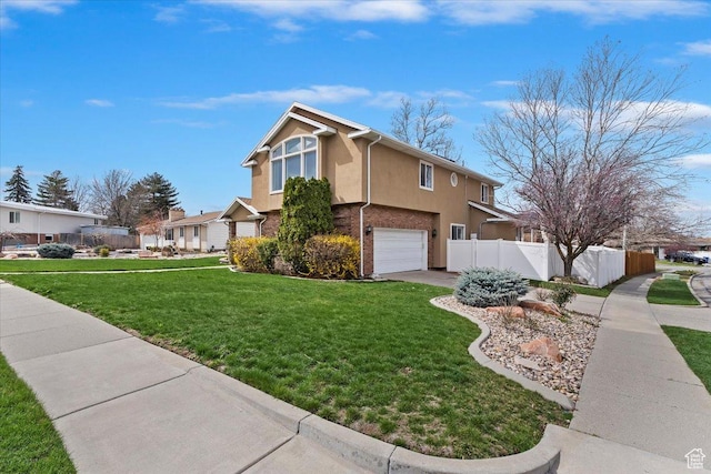 7342 S Promenade Cir E, Cottonwood Heights, UT 84121 - view of property exterior with driveway, fence, an attached garage, a lawn, and stucco siding