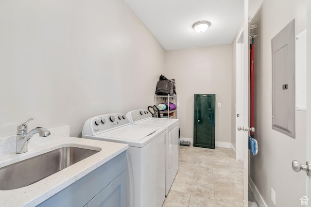 680 S Appenzell Ln, Midway, UT 84049 - laundry area featuring electric panel, a sink, laundry area, baseboards, and independent washer and dryer