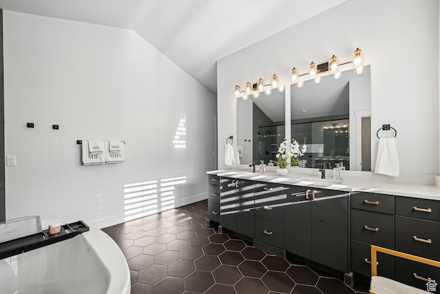 52 N 400 W, Farmington, UT 84025 - full bathroom featuring a sink, a shower stall, double vanity, tile patterned flooring, and lofted ceiling