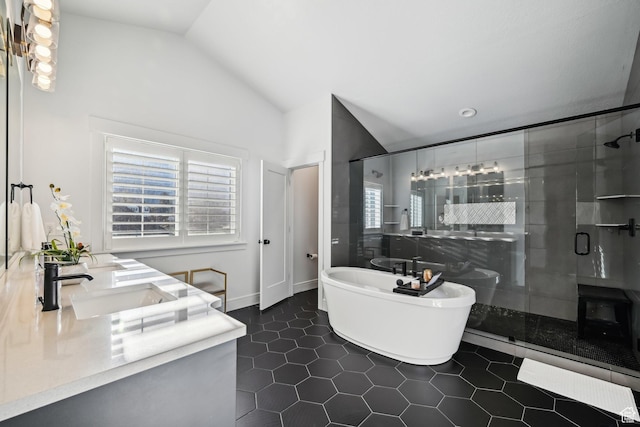 52 N 400 W, Farmington, UT 84025 - full bath with a freestanding tub, tile patterned floors, a healthy amount of sunlight, and vaulted ceiling