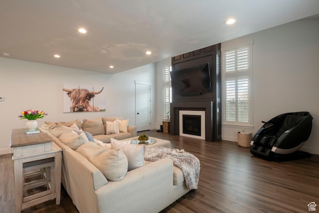 52 N 400 W, Farmington, UT 84025 - living area featuring dark wood-style flooring, a fireplace, baseboards, and recessed lighting