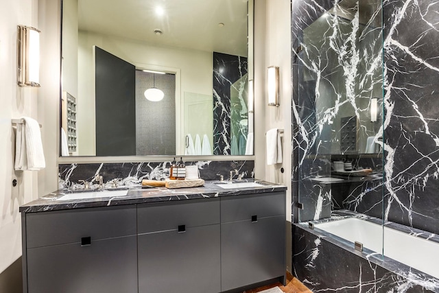8006 N Sunrise Loop, Park City, UT 84098 - bathroom with double vanity, a sink, and decorative backsplash