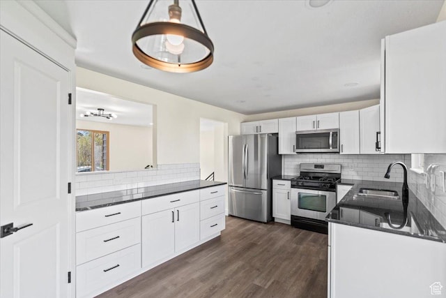 kitchen featuring white cabinetry, dark wood-style floors, a sink, and stainless steel appliances