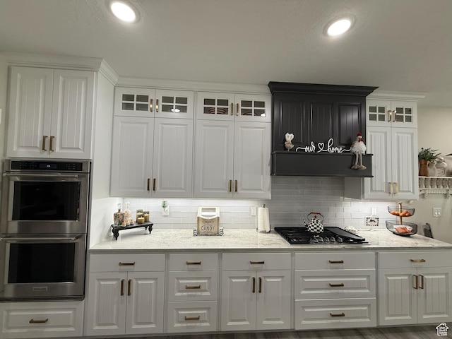 1240 W 2360 N, Helper, UT 84526 - kitchen featuring glass insert cabinets, white cabinets, backsplash, and stainless steel appliances