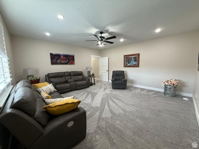 1240 W 2360 N, Helper, UT 84526 - carpeted living room with baseboards, a textured ceiling, recessed lighting, and a ceiling fan