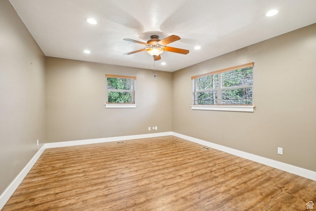 1349 E Madera Hills Dr S, Bountiful, UT 84010 - spare room with baseboards, recessed lighting, visible vents, ceiling fan, and wood finished floors
