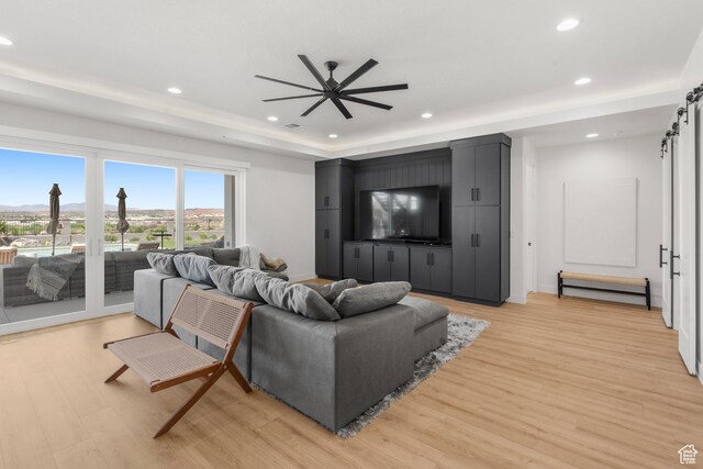 1248 S Seminole Way, Washington, UT 84780 - living area with recessed lighting, light wood-style floors, a baseboard heating unit, ceiling fan, and a raised ceiling