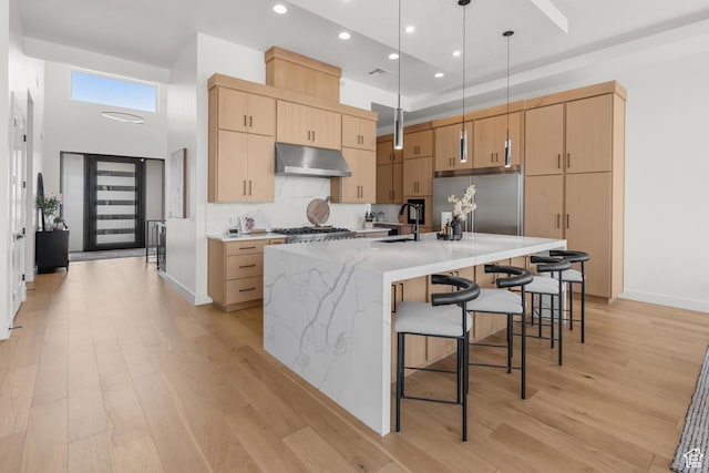 1248 S Seminole Way, Washington, UT 84780 - kitchen featuring under cabinet range hood, stainless steel appliances, a sink, a breakfast bar, and light wood finished floors