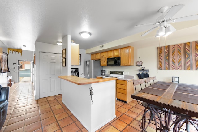 3245 E Fairway Loop, Moab, UT 84532 - kitchen with range with electric stovetop, a ceiling fan, freestanding refrigerator, a peninsula, and black microwave