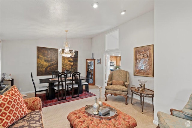 6958 S Sunrise Hills Cir E, Cottonwood Heights, UT 84121 - living area featuring a chandelier, baseboards, carpet, and vaulted ceiling