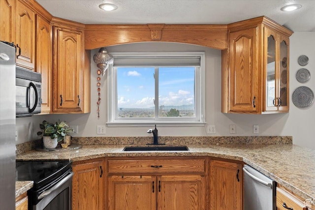 6958 S Sunrise Hills Cir E, Cottonwood Heights, UT 84121 - kitchen featuring glass insert cabinets, a sink, appliances with stainless steel finishes, and brown cabinetry