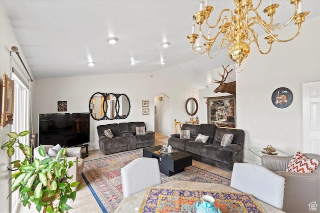 6958 S Sunrise Hills Cir E, Cottonwood Heights, UT 84121 - living area featuring arched walkways, a chandelier, and lofted ceiling