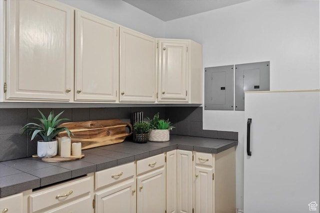 6958 S Sunrise Hills Cir E, Cottonwood Heights, UT 84121 - kitchen with tile counters, decorative backsplash, electric panel, and white cabinets