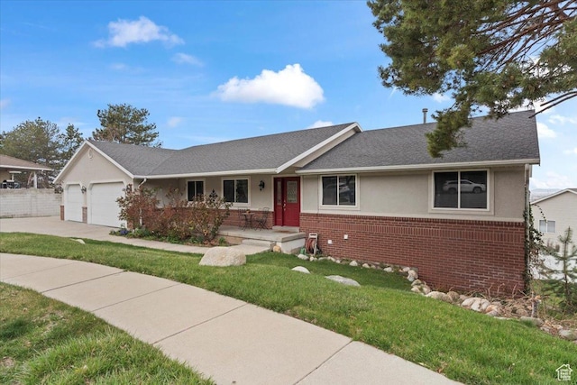 6958 S Sunrise Hills Cir E, Cottonwood Heights, UT 84121 - ranch-style house featuring a front yard, a garage, stucco siding, and brick siding