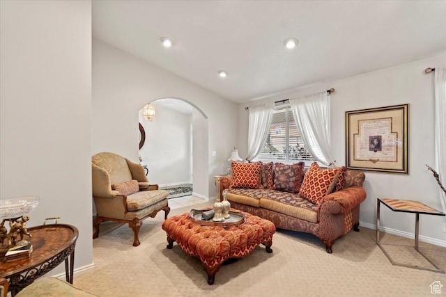 6958 S Sunrise Hills Cir E, Cottonwood Heights, UT 84121 - living room featuring baseboards, recessed lighting, arched walkways, and light colored carpet