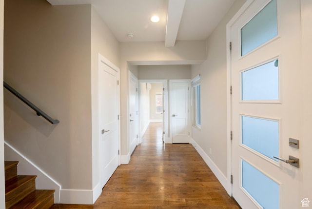 51 S 800 E, Salt Lake City, UT 84102 - hall featuring baseboards, wood finished floors, recessed lighting, and stairs