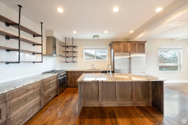 51 S 800 E, Salt Lake City, UT 84102 - kitchen featuring an island with sink, high quality appliances, open shelves, wall chimney range hood, and dark wood-type flooring
