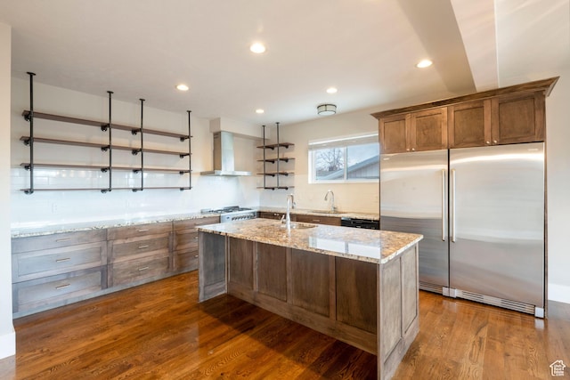 51 S 800 E, Salt Lake City, UT 84102 - kitchen with open shelves, dark wood-style flooring, stainless steel built in refrigerator, a sink, and wall chimney range hood