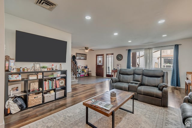 5518 S 875 E, South Ogden, UT 84405 - living area with visible vents, stairs, wood finished floors, recessed lighting, and a ceiling fan