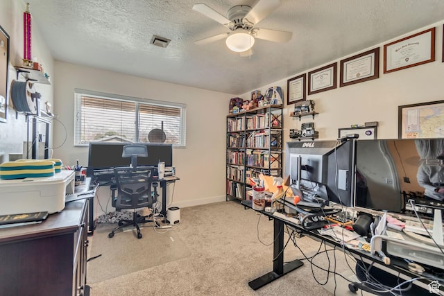 5518 S 875 E, South Ogden, UT 84405 - home office featuring carpet flooring, a textured ceiling, baseboards, visible vents, and ceiling fan