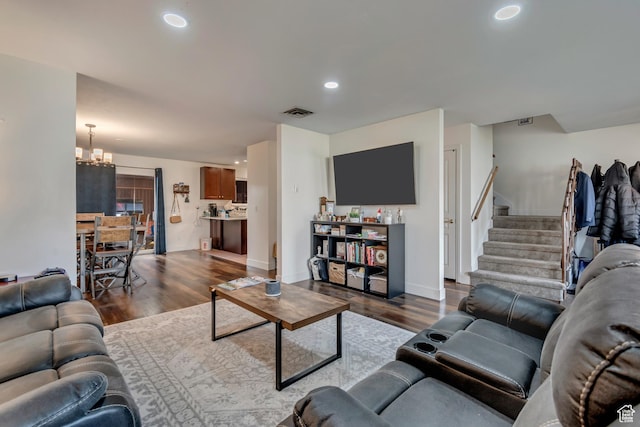 5518 S 875 E, South Ogden, UT 84405 - living room featuring a notable chandelier, stairway, visible vents, recessed lighting, and dark wood-style flooring
