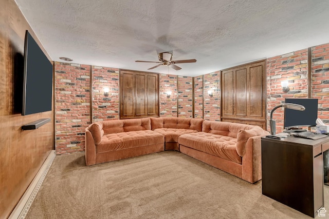 5518 S 875 E, South Ogden, UT 84405 - living room with a textured ceiling, brick wall, a ceiling fan, and light colored carpet