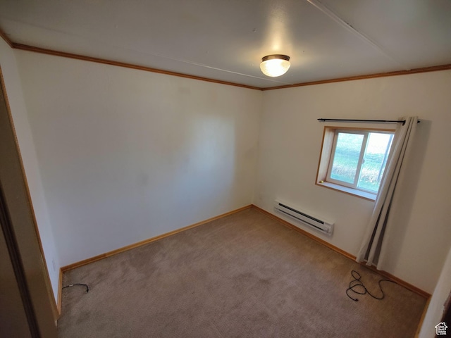 124 N Lakeview Dr, Manila, UT 84046 - spare room with crown molding, baseboards, light carpet, and a baseboard radiator