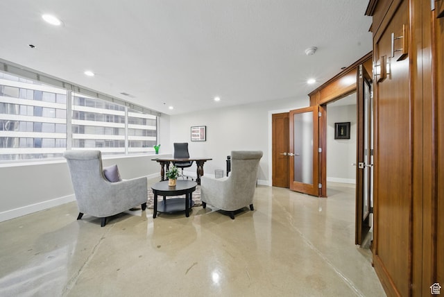 44 W Broadway Unit 605S, Salt Lake City, UT 84101 - living area featuring baseboards, recessed lighting, french doors, and concrete flooring