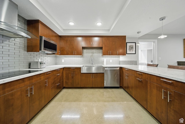 44 W Broadway Unit 605S, Salt Lake City, UT 84101 - kitchen with stainless steel appliances, backsplash, hanging light fixtures, a sink, and wall chimney range hood