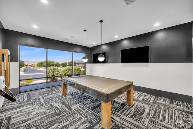 recreation room featuring billiards, visible vents, carpet floors, and recessed lighting