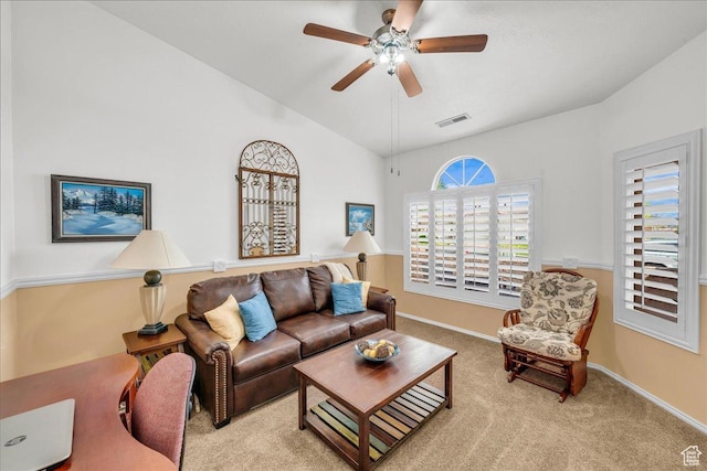 544 S Fiesta Dr, Ivins, UT 84738 - carpeted living room with a ceiling fan, baseboards, vaulted ceiling, and visible vents