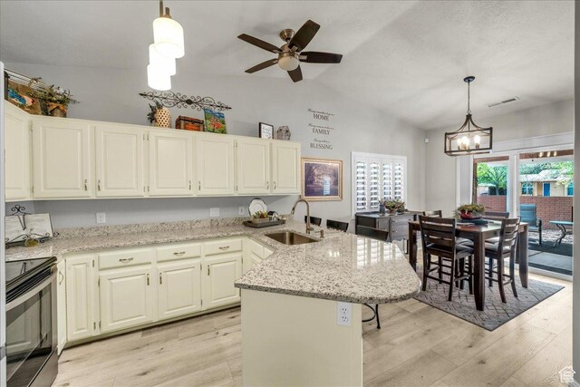 544 S Fiesta Dr, Ivins, UT 84738 - kitchen featuring range with electric stovetop, light wood-style floors, a sink, and a peninsula