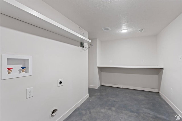 4489 W Black Elk Way, West Jordan, UT 84088 - laundry room with hookup for an electric dryer, hookup for a washing machine, a textured ceiling, visible vents, and laundry area