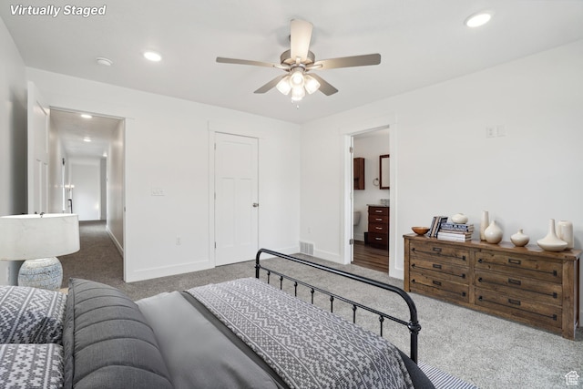 bedroom with ceiling fan, recessed lighting, baseboards, and carpet floors
