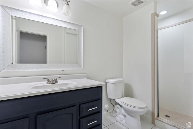 full bath featuring tile patterned flooring, vanity, toilet, a stall shower, and visible vents