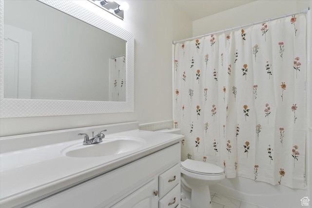 full bath with marble finish floor, toilet, shower / bath combo with shower curtain, and vanity