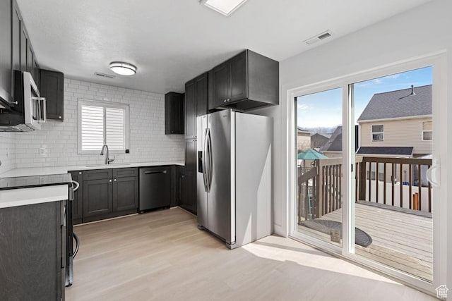kitchen featuring visible vents, stainless steel appliances, tasteful backsplash, a sink, and light wood-style floors