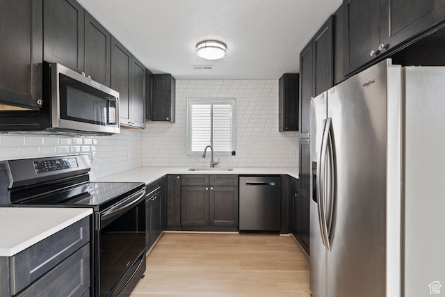 kitchen with tasteful backsplash, stainless steel appliances, a sink, visible vents, and light wood-style flooring