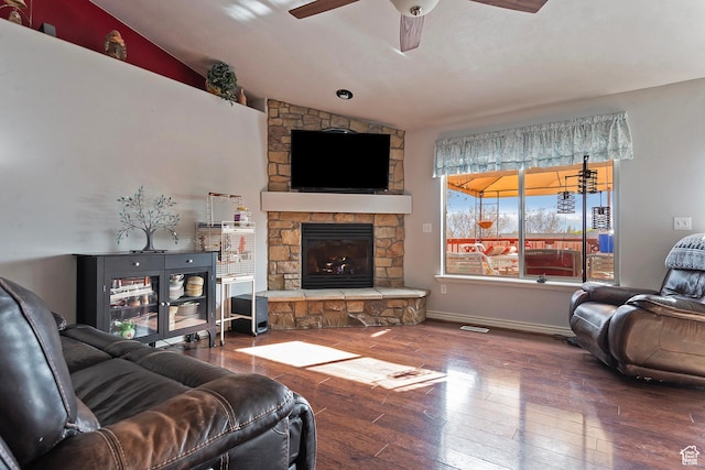 1288 S Pondside Dr, Saratoga Springs, UT 84045 - living room featuring vaulted ceiling, wood-type flooring, ceiling fan, visible vents, and a fireplace