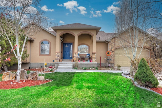 view of front of house featuring a front yard, covered porch, concrete driveway, stucco siding, and an attached garage