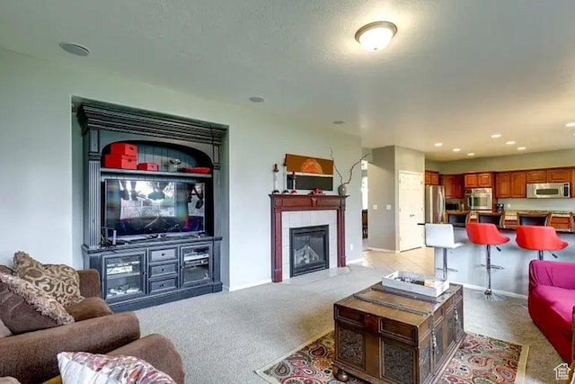1784 W Grays Pl, Lehi, UT 84043 - living room with light carpet, a fireplace, and recessed lighting